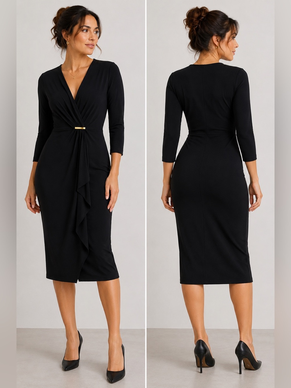 Charter Club Black Wrap Midi Dress Medium Ruched Waist Gold Bar Detail NWT